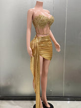 BXOXO Gold Color Women Sexy 2 Pieces Strapless Bodycon Mini Dress Bar Singer Nightclub Party Celebrate Birthday Dress Wholesale